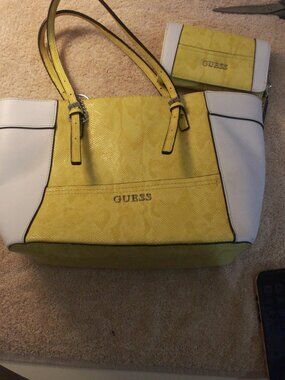 Title: GUESS Yellow and White Tote with Matching Wallet